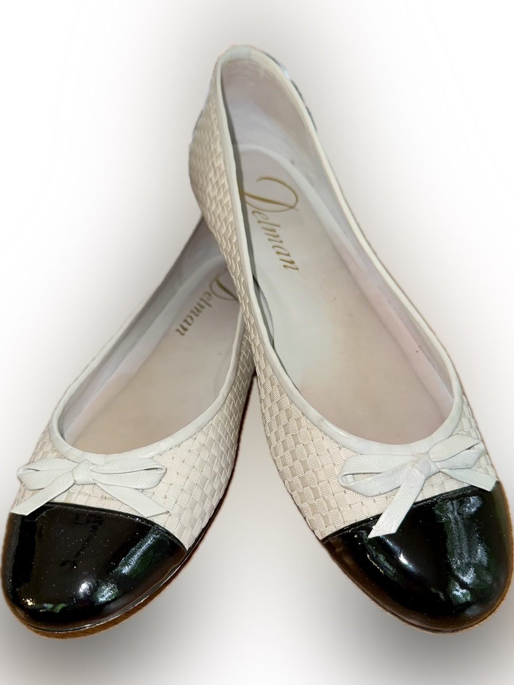 Delman White Basket Weave Flats with Black Patent Toe and Bow